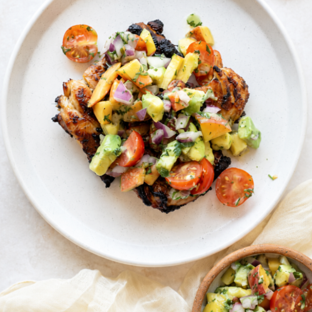 Grilled Chicken with Fresh Peach + Avocado Salsa